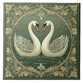 Romantic White Swan Couple Art Deco Pond Green Sea タイル (正面)