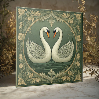 Romantic White Swan Couple Art Deco Pond Green Sea タイル