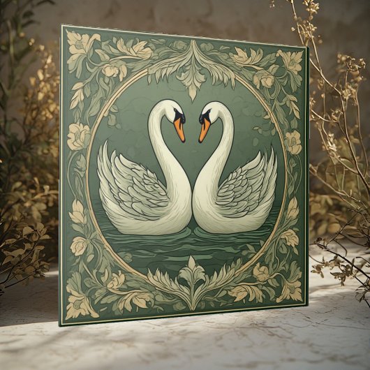 Romantic White Swan Couple Art Deco Pond Green Sea タイル