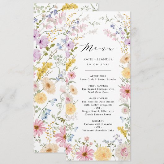 Romantic Wildflower Meadow Wedding Menu Card 招待状 (正面/裏面)