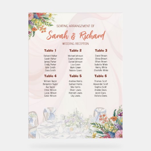 Romantic Wildflower Wedding Seating Chart アクリルサイン (正面)