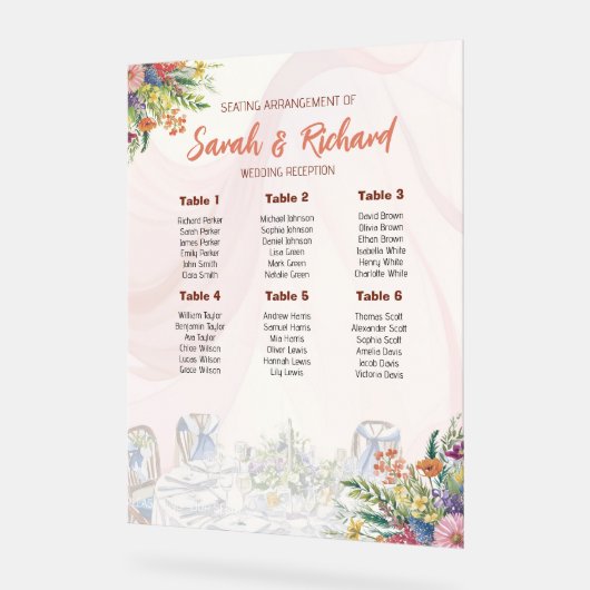 Romantic Wildflower Wedding Seating Chart アクリルサイン (傾斜)