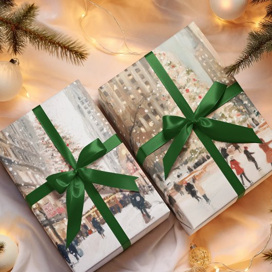 Romantic Winter Cityscape Ice Skating ラッピングペーパーシート