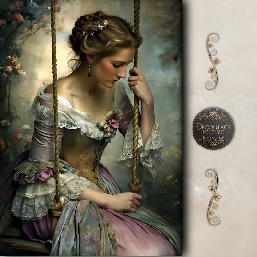 Romantic Woman on Swing Floral Decoupage 薄葉紙