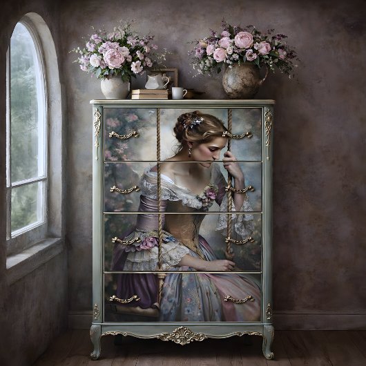 Romantic Woman on Swing Floral Decoupage 薄葉紙