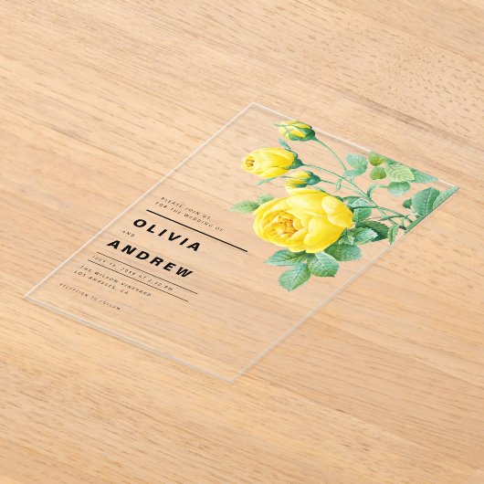 Romantic Yellow Roses Botanical Wedding アクリル招待状 (レイダウン)