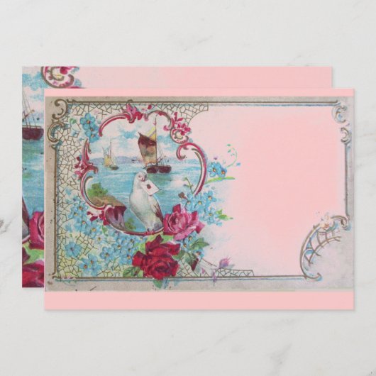 ROMANTICAエレガントフローラブルーピンク結婚式パーティー 招待状 (正面/裏面)