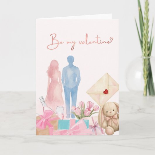 Romantische Valentinskarte mit Paar, Geschenken & カード (正面)