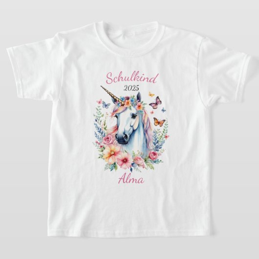 Romantisches Einhorn mit Blumen - Schulkind 2026 | Tシャツ (レイダウン)