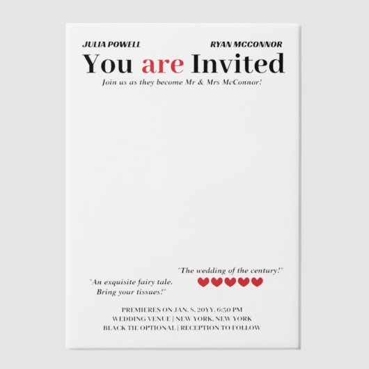 Romcomポスタパーソナライズされたーのオーバレ結婚イ ベラム紙招待状 (正面)