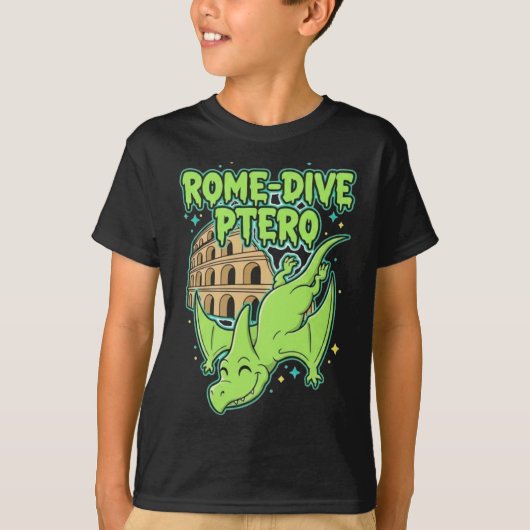 Rome-Dive Ptero Cute Dinosaur & Colosseum Travel A Tシャツ (正面)