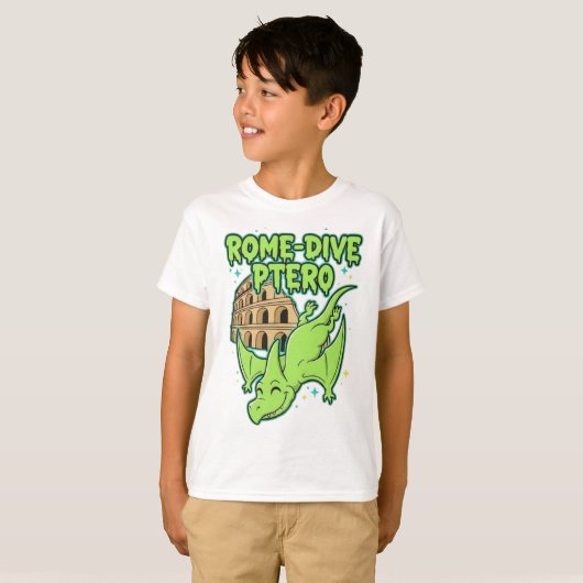 Rome-Dive Ptero Cute Dinosaur & Colosseum Travel A Tシャツ (正面フル)