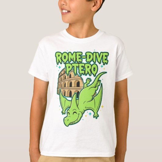 Rome-Dive Ptero Cute Dinosaur & Colosseum Travel A Tシャツ (正面)