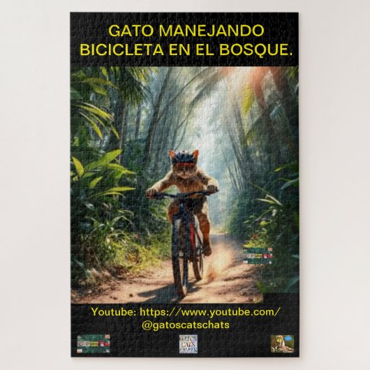 ROMPECABEZA GATO MANEJANDO BICICLETA EN EL BOSQUE. ジグソーパズル (縦)