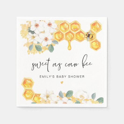 ROMY Sweet As Can Bee Whiteフローラ赤ちゃんシャワー スタンダードカクテルナプキン (正面)
