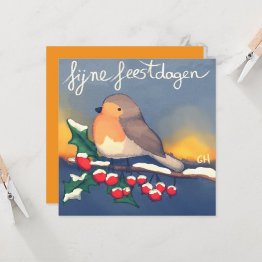 Roodborstje, fijne Feestdagen カード (正面/裏面インサイチュ)