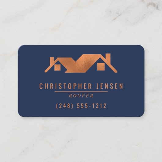 Roofer QR Code Navy Blue Copper Rounded Roofing 名刺 (正面)