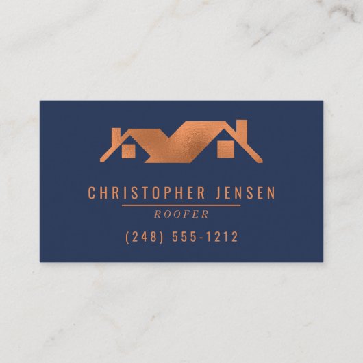 Roofer QR Code Roofing Business Navy Blue Copper 名刺 (正面)
