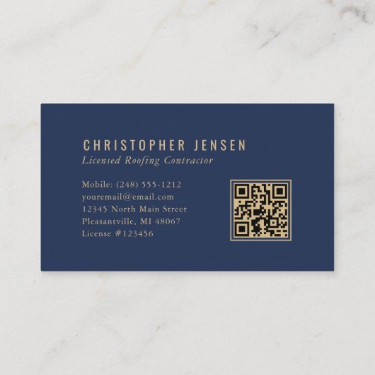 Roofer QR Code Roofing Business Navy Blue Gold 名刺 (裏面)