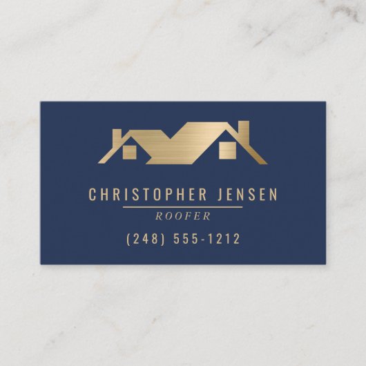 Roofer QR Code Roofing Business Navy Blue Gold 名刺 (正面)