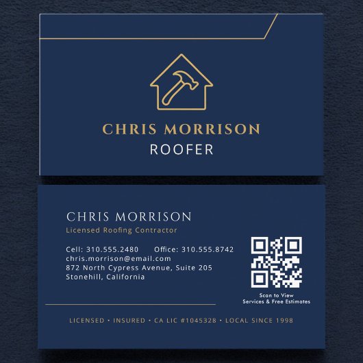Roofing QR Code Roofer Company Navy Blue Gold 名刺