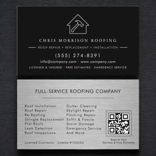 Roofing Roofer Contractor Metallic QR Code 名刺