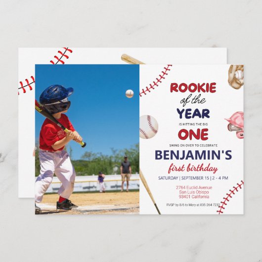 Rookie baseball red blue 1st birthday Photo 招待状 (正面/裏面)