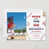 Rookie baseball red blue 1st birthday Photo 招待状 (正面)