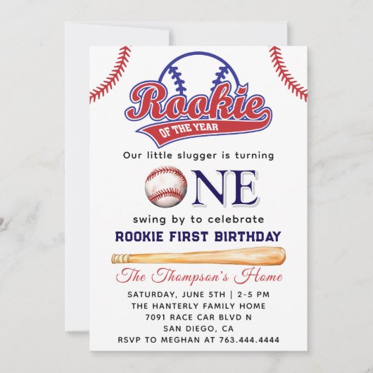 Rookie of the Year野球をテーマにした1回目の誕生日 招待状 (正面)