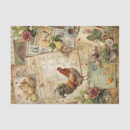 Rooster and Hen Vintage Illustrated Decoupage 薄葉紙 (正面)