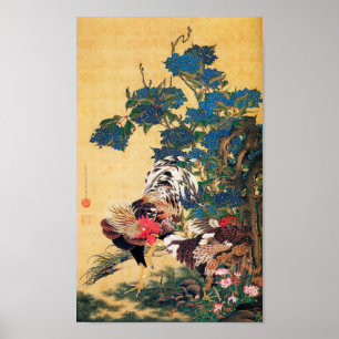 Rooster and Hen with Hydrangeas by Ito Jakuchu ポスター