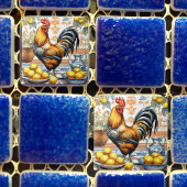 Rooster and Lemons Azulejo Style Blue Orange Cream タイル