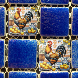 Rooster and Lemons Azulejo Style Blue Orange Cream タイル