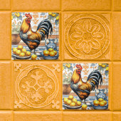 Rooster and Lemons Azulejo Style Blue Orange Cream タイル