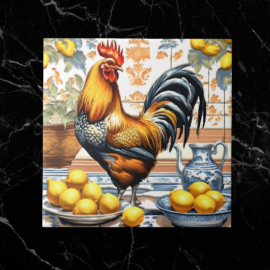 Rooster and Lemons Azulejo Style Blue Orange Cream タイル