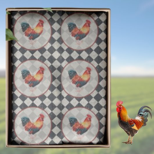 Rooster Black White Checkered French Farmhouse   薄葉紙