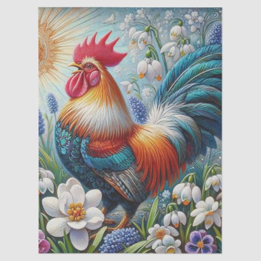 Rooster Chicken Flowers Sun Decoupage  薄葉紙 (正面)