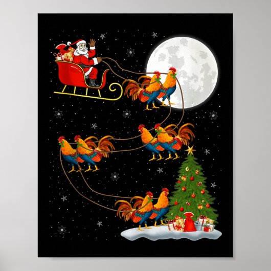 Rooster Chickens Santa Sleigh Flying Funny Magical ポスター (正面)