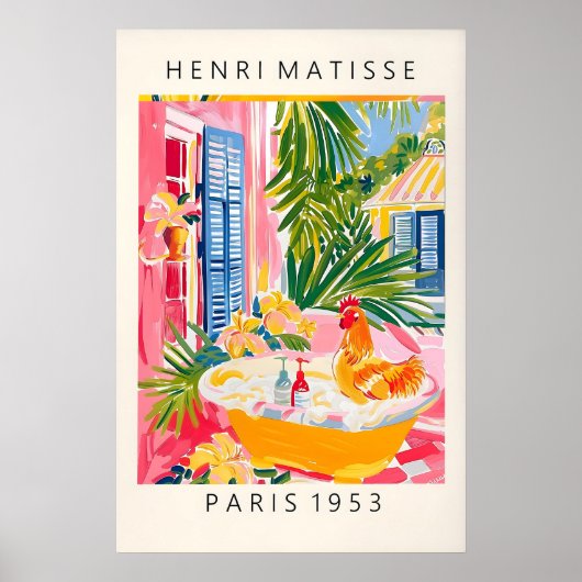 Rooster in Bathtub Art Print Pink Farmhouse ポスター (正面)