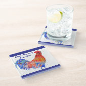 Rooster Watercolor Red Blue Chicken Sunshine ガラスコースター (アングル)