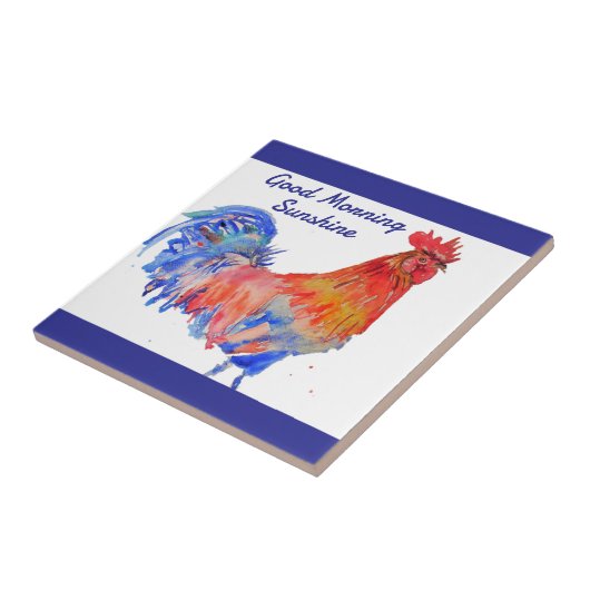 Rooster Watercolor Red Blue Chicken Sunshine タイル (側面)