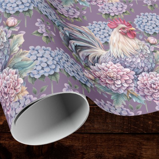 Roosters and Hydrangeas Blue Purple Gray Farmhouse ラッピングペーパー