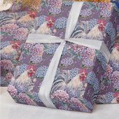 Roosters and Hydrangeas Blue Purple Gray Farmhouse ラッピングペーパー