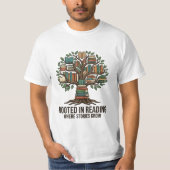 Rooted in Reading Where Stories Grow 読書好きTシャツ Tシャツ (正面)
