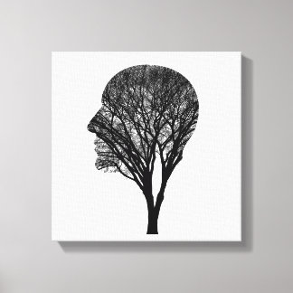 Rooted Mind – 人間のプロフィールと樹木のシルエットアート キャンバスプリント