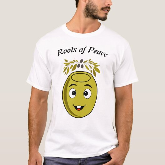 "Roots of Peace"の文字が入ったスマイリーオリーブのTシャツ Tシャツ (正面)