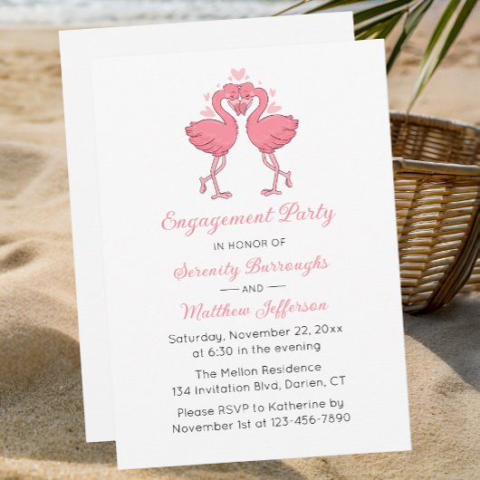 ropical Pink Flamingo Hawaiian Engagement Party 招待状