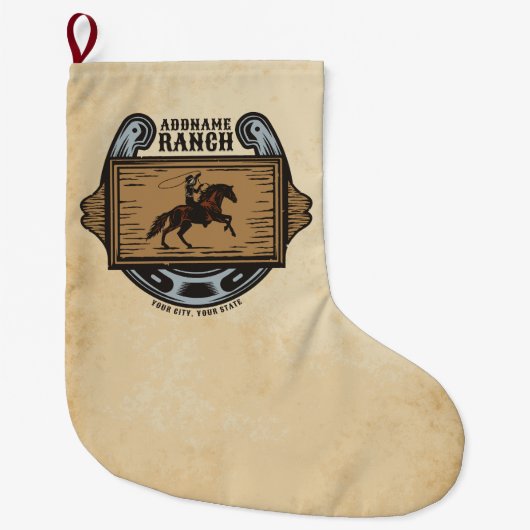 Roping Cowboy ADD NAME Western Family Horse Ranch ラージクリスマスストッキング (正面)