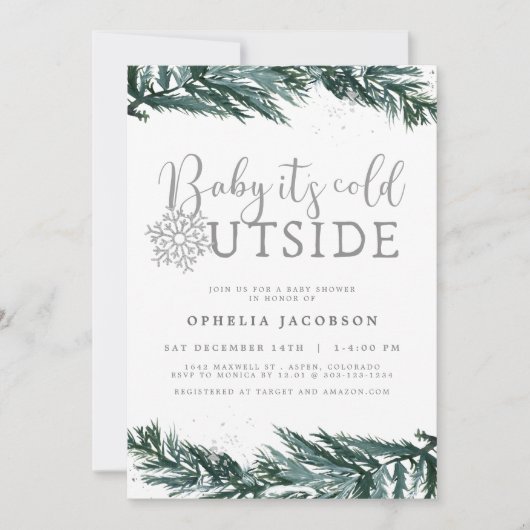 RORYベビーその冷たい外の冬の松の赤ちゃんシャワー 招待状 (正面)