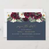 ROSA Rich Burgundyフローラネイビー写真Save the Date 招待状 (正面)